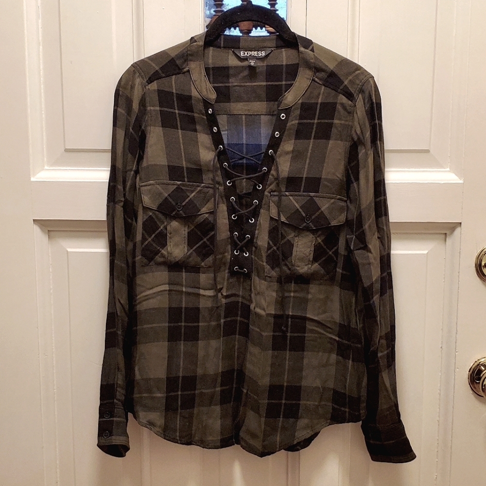 Express Lace Up Plaid Blouse Shirt